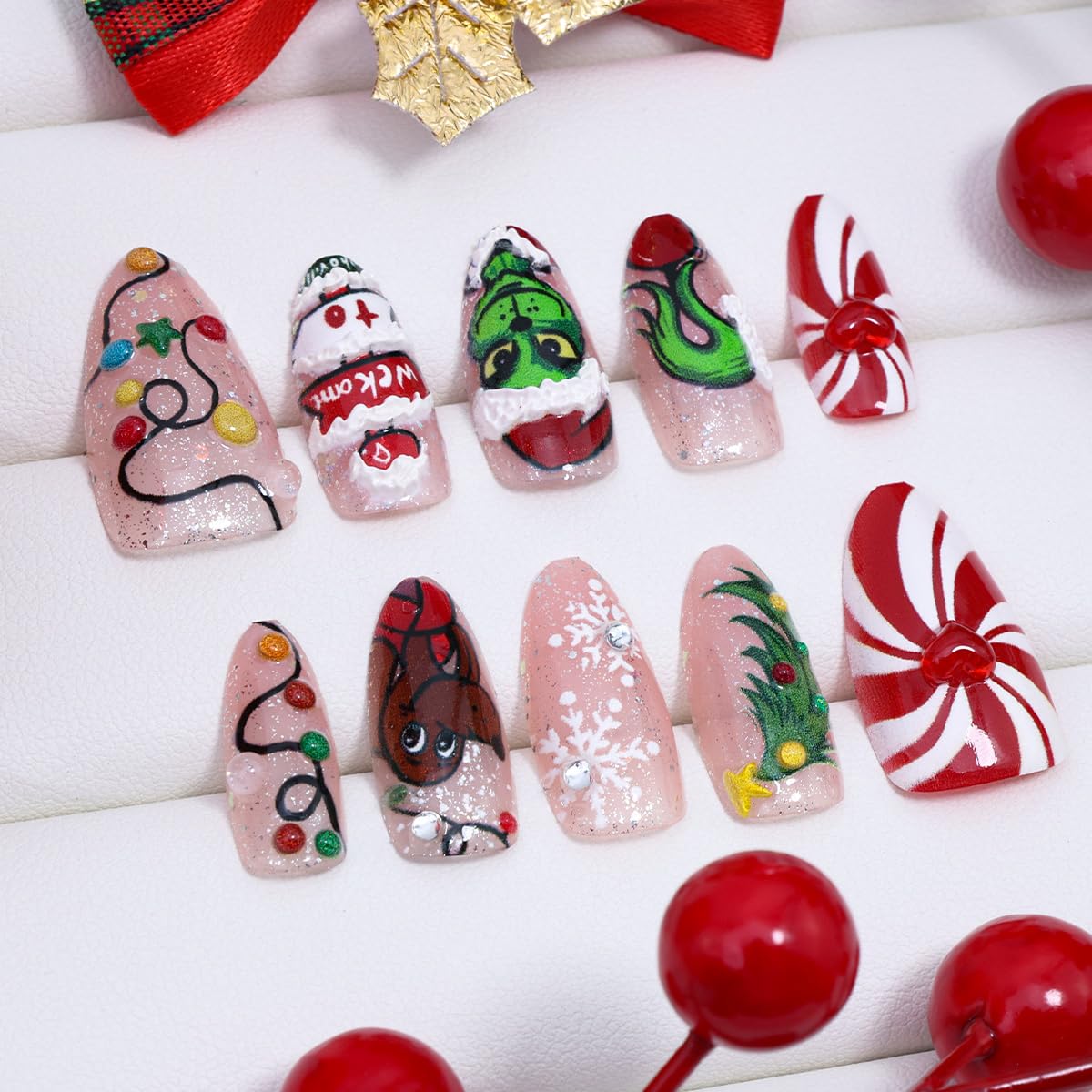 30Pcs Christmas Press on Nails Medium Almond Fake Nails 3D Rhinestones Xmas Tree Lamp Strip Design Handmade False Nails Cute Monster Acrylic Nail Snowflake Gems Glue on Nails for Women Winter Manicure