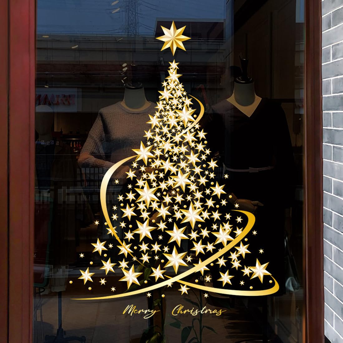 Cityhermit Christmas Tree Window Clings Stickers for Glass, Extra Large Golden Xmas Windows Static Stickers, DIY Wall Window Door Mural Showcase Decal Sticker (2 Pack)