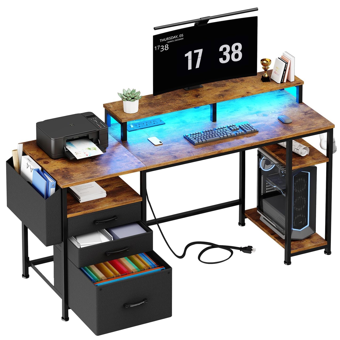 Lufeiya Gaming Desks with Led Lights and Power Outlets, 55 Inch Study Writing Computer Desk with Fabric File Drawers Cabinet for Bedroom, Home Office Desk with Shelves Monitor Stand, Rustic Brown