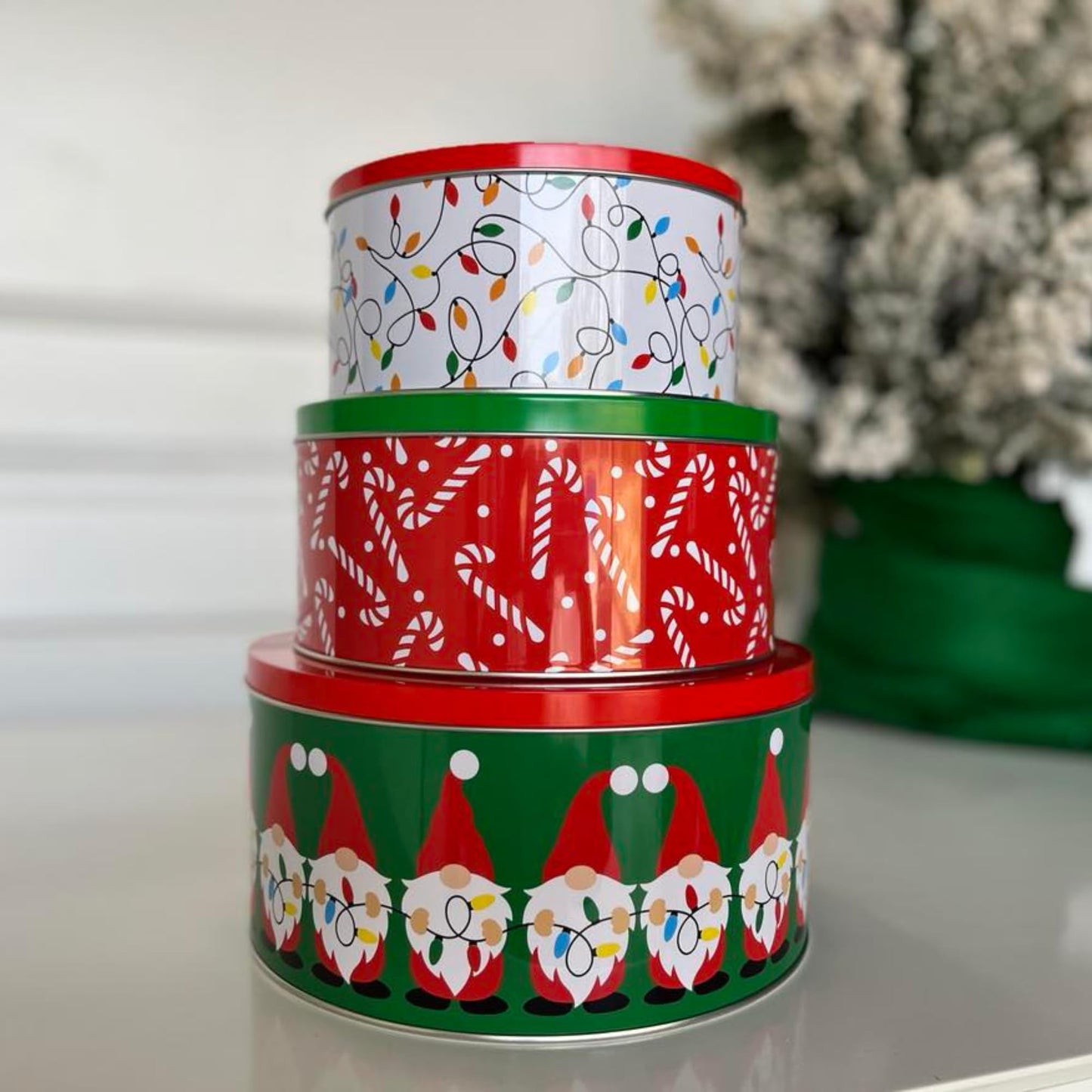 Steel Mill & Co Tin Containers with Lids, 3 Pack Christmas Cookie Tins, Festive Cookie Tins for Gift Giving & Holiday Treats, Round Metal Nesting Containers, Large Medium Small (Gnome)