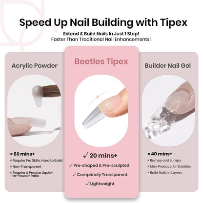 Beetles Tipex Gel Nail Kit, Medium Almond Nail Tips 224 Pcs 16 Sizes Pre-Building Pre-Etched Thick Acrylic Tips with Tipex Glue, Mini Lamp