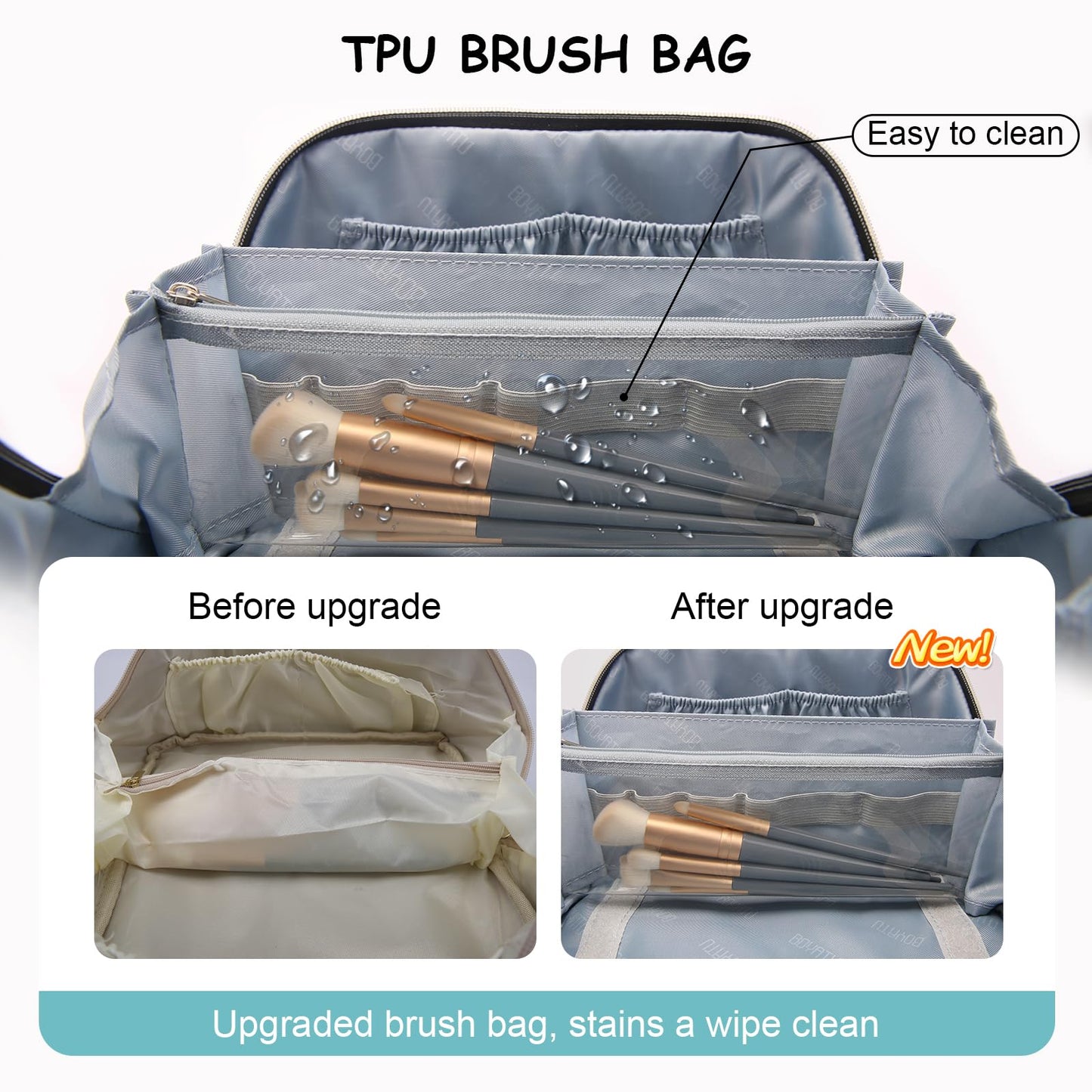 BOYATU Checkered Travel Makeup Bags: Vacation-Ready Light Blue Large Capacity Cosmetic Bag for Women - 3 Pcs Set Toiletry Organizer with Waterproof Leather - Easy to Clean Beach Trip Essential