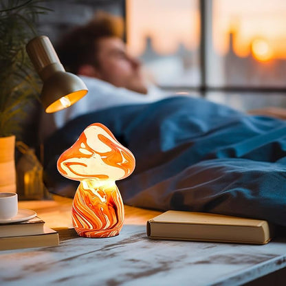 Glass Mushroom Table Lamps Night Lights Cordless Cute Small Nightstand Desk Lamp for Bedroom Living Home Decor Red (E27 Bulb Included)