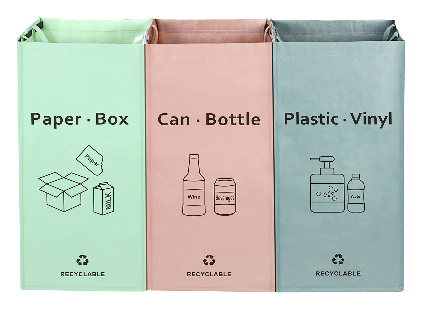 JIALAI HOME Separate Recycling Bin for Kitchen Home - Indoor Recycle Bins (Pink, Green, Gray) Waste Trash Sorting Bins, Reusable Waterproof Affordable Recycle Bags, Pack of 3 Bags