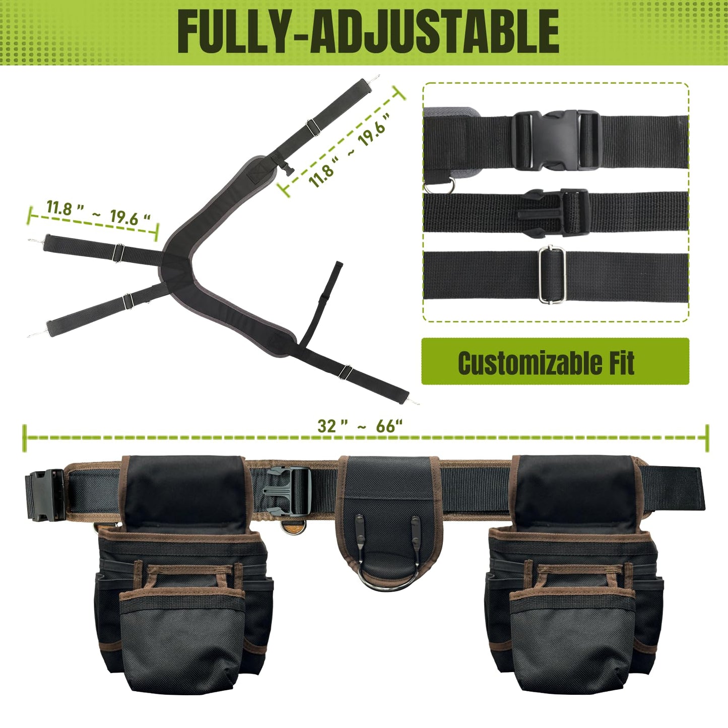 Tool Belt for Men, 32 to 66 Inches Adjustable Waist, Electrician and Carpenter Tool Belt with Suspenders for Construction and Gardening, Black and Brown, Oxford Fabric