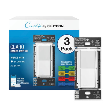 Lutron Claro Smart Light Switch for Caseta Lighting, for LED Lights, Fans, 5 Amp, Single-Pole/3-Way, Neutral Required, DVRF-5NSS-WH-2, White, 2 Pack