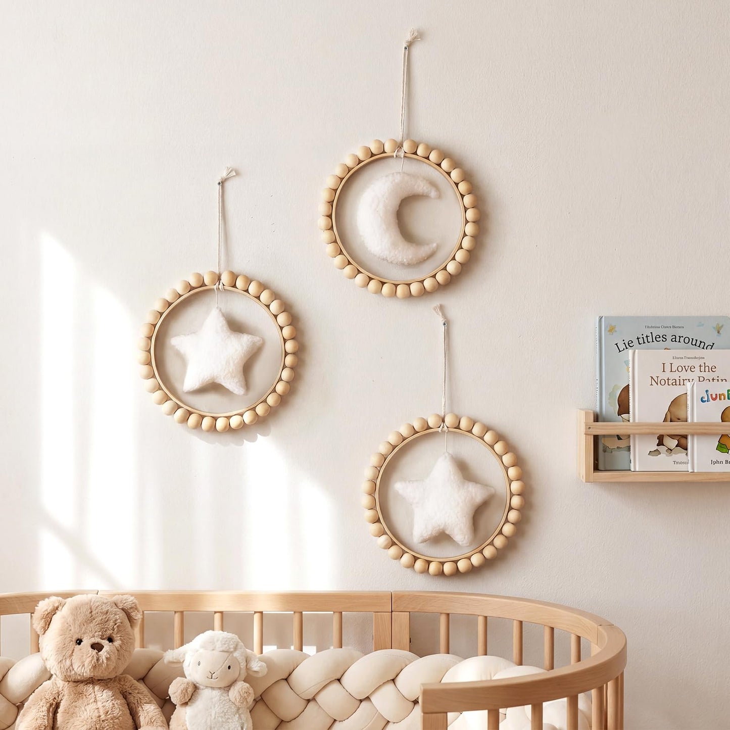 Wenqik 3 Pcs Boho Moon and Stars Wall Decor Nursery Wall Decors Wooden Bead Garland with Felt Centerpieces for Nursery, Farmhouse Style Hanging Decoration