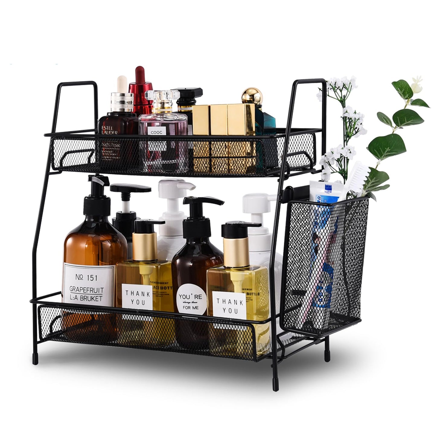 LEMIKKLE 2-Tier Bathroom Countertop Organizer,Skincare, Makeup Countertop Organizers, Kitchen, Bathroom Counter Storage with Small Basket (Black)