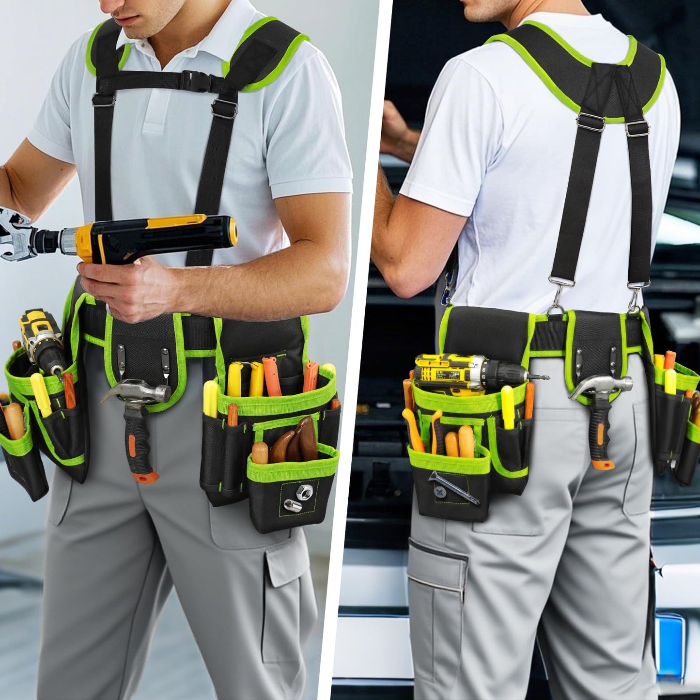 Tool Belt, Professional Tool Belts for Men, Magnetic Tool Pouch With Suspenders, Heavy Duty Detachable Adjustable Utility Belt Work Bags for Electrician, Carpenter (Black and Green, 32"-66")