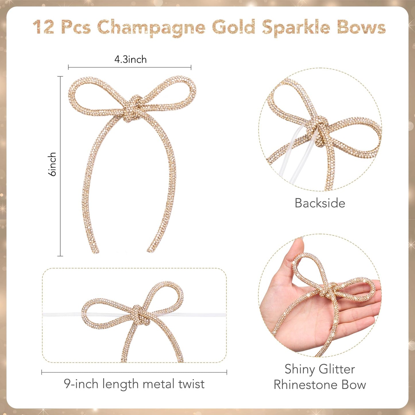 FLAIR GIFTS 12 Pcs 4.3" x 6" 2026 Christmas Bows for Tree Decor, Champagne Gold Sparkly Glitter Rhinestone Bow Ornaments with Twist Tie for Xmas Decoration, Wreath, Garland, Gift Wrapping
