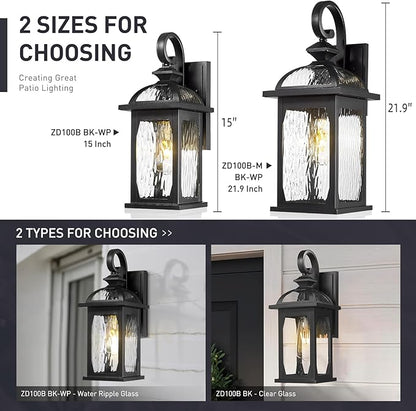 zeyu 2 Pack Outdoor Wall Lamps, 15-inch Black Exterior Light Fixtures for Patio House, Die-Cast Aluminum with Water Ripple Glass, Black Finish, ZD100B-2PK BK-WP