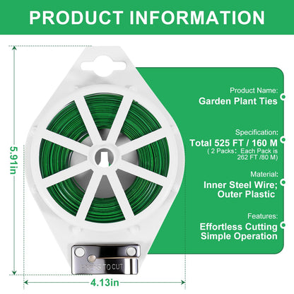 LBOKLING 2 Pack Twist Ties, 525 Feet (160m) Sturdy Garden Plant Ties with Cutter, Rustproof & Flexible Garden Ties for Plant of Gardening, Indoor & Outdoor Home and Office Use (Green)