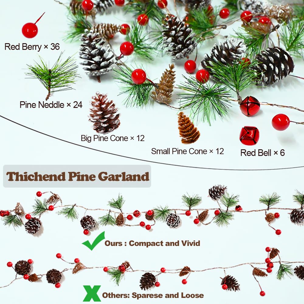 Christmas Pine Garland with Lights 13 Feet 40 LED Battery Operated Garland with Red Berry and Led Lights Xmas Tree Holiday Garlands for Home Windows Fireplace Stairs