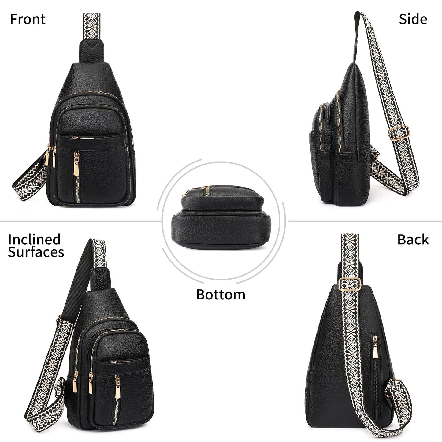 FALAN MULE Small Crossbody Sling Bags Fanny Packs Leather Purses Chest Bag for Women (Black)