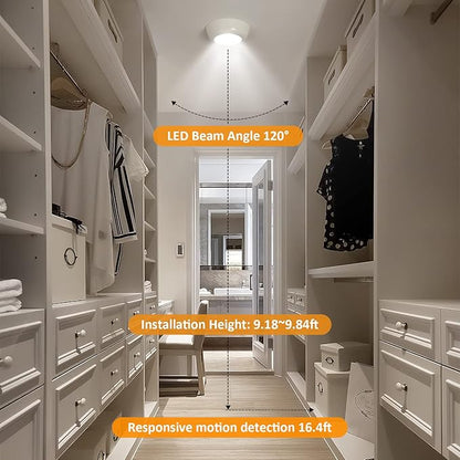 DLLT Battery Powered Motion Sensor Light, Battery Operated LED Ceiling Light with 900LM, Wireless Flush Mount Round Sensor Lighting for Closet Stair Hallway Shower Shed Garage Pantry, (5000K, 3-Pack)