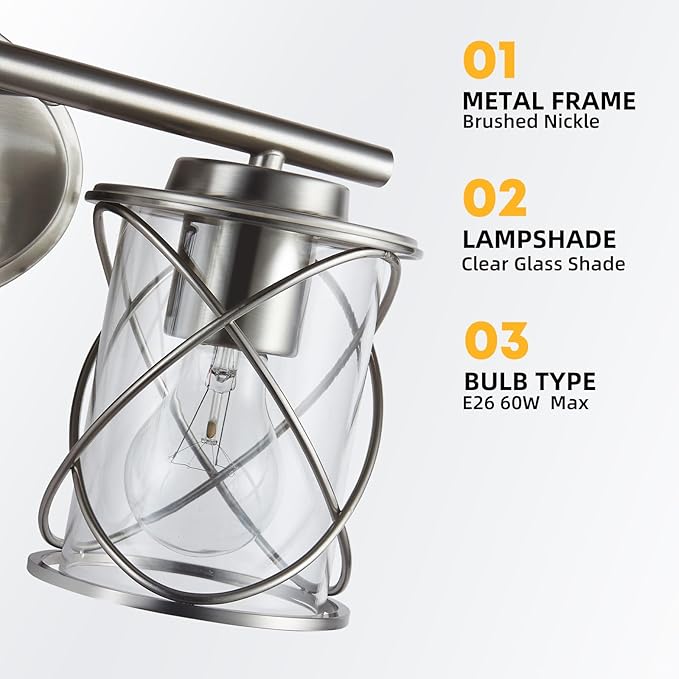 mavcadonf Bathroom Vanity Light Fixtures Over Mirror, 4 Lights Modern Bathroom Wall Lamp for Mirror Kitchen Living Room Hallway Cabinet Porch, Farmhouse Wall Lights with Cage Shade, Brushed Nickel