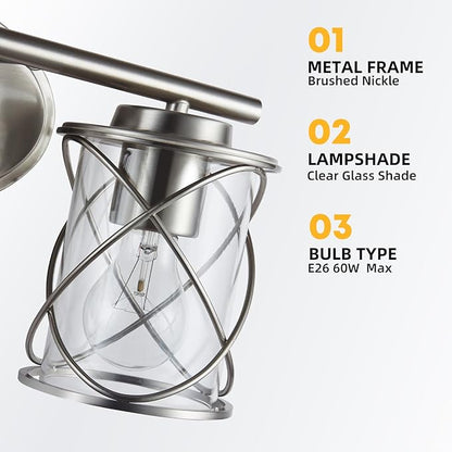 mavcadonf Bathroom Vanity Light Fixtures Over Mirror, 4 Lights Modern Bathroom Wall Lamp for Mirror Kitchen Living Room Hallway Cabinet Porch, Farmhouse Wall Lights with Cage Shade, Brushed Nickel