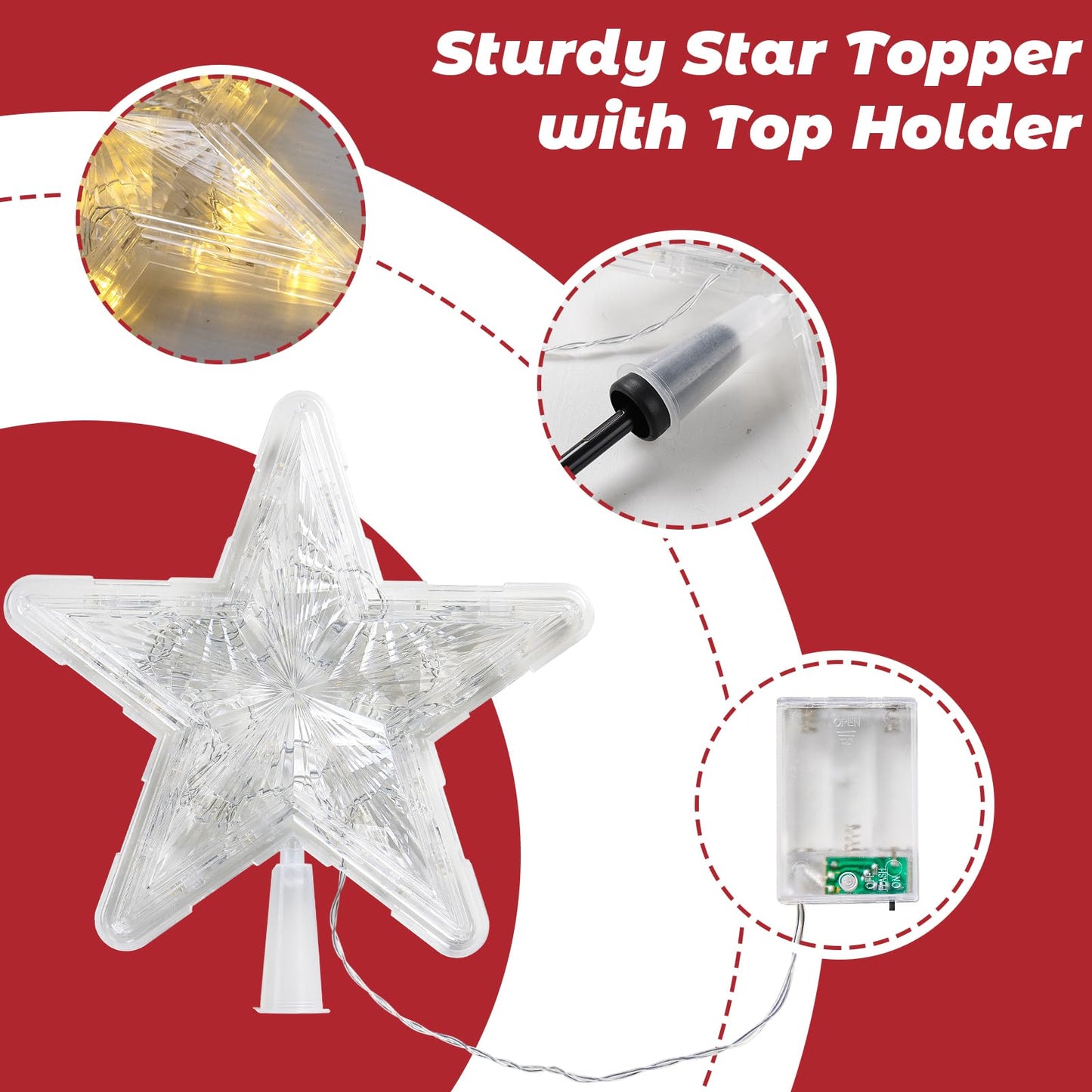 Christmas Tree Topper, Battery Powered Light up 9 Inch Star Tree Topper with Topper Stabilizer Supporter, White Xmas Star Treetop Toppers Christmas Tree Decorations Ornaments for Holiday Home Decor