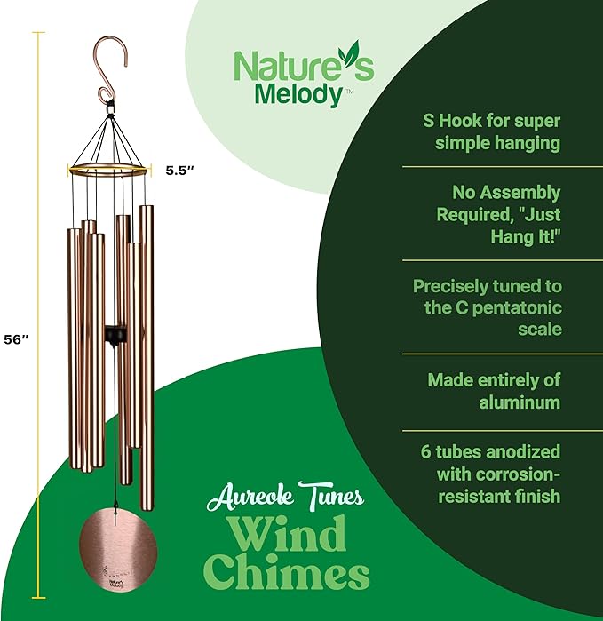 Nature’s Melody Aureole Tunes Wind Chimes – Outdoor Windchime with 6 Tubes Tuned to C Pentatonic Scale, 100% Rustproof Aluminum, Powder Finish & S Hook Hanger for Sympathy, Memorial Gift or Zen Garden