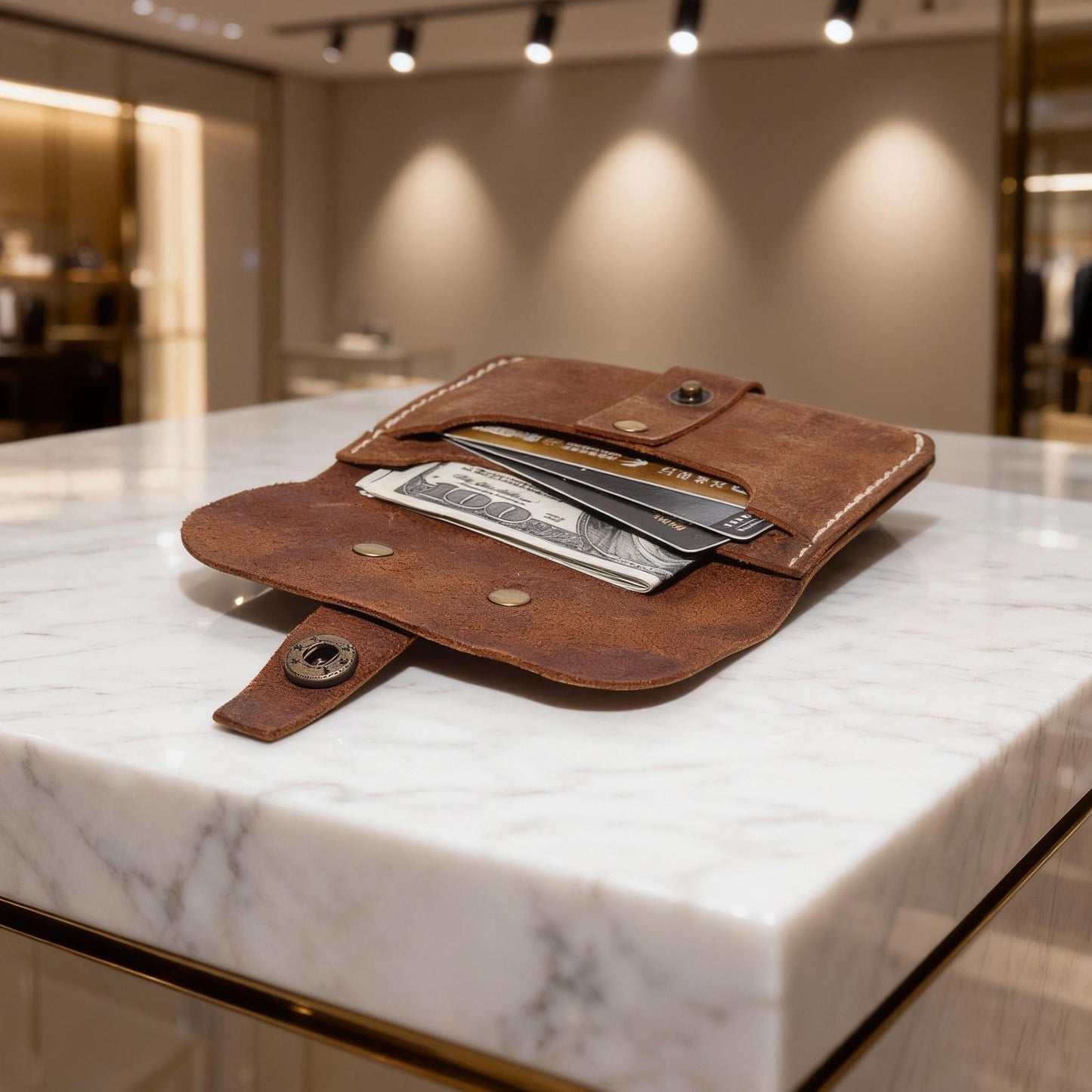 JingRongDa Handmade Vintage Cowhide Leather Card Holder Wallet, Retro Brown Leather Card Case with Snap Closur (Light brown)