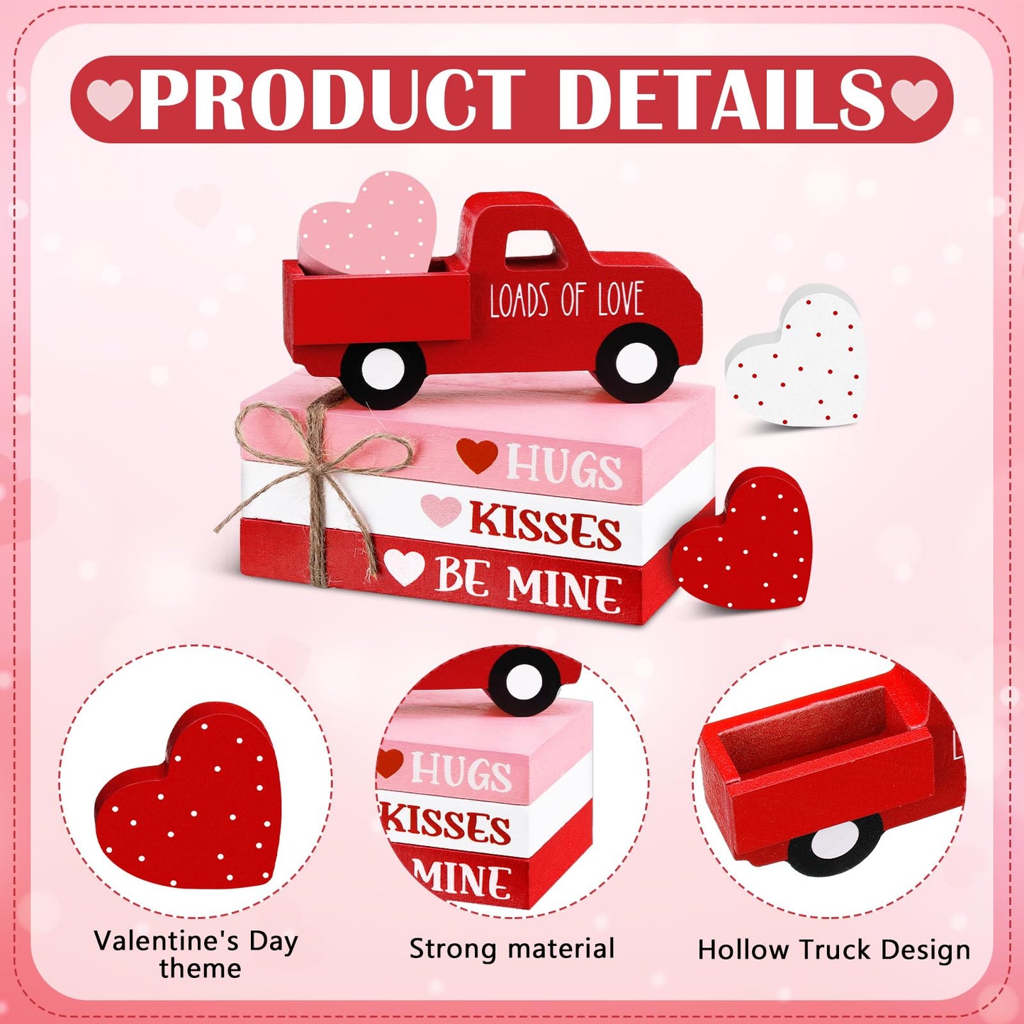 DoubleFill 7 Pcs Valentine's Day Table Decorations Valentines Tiered Tray Decor Faux Book Bundle with Twine Red Truck Table Centerpiece Farmhouse Heart Wooden Sign for Home Indoor Party Bookshelf Gift