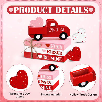 DoubleFill 7 Pcs Valentine's Day Table Decorations Valentines Tiered Tray Decor Faux Book Bundle with Twine Red Truck Table Centerpiece Farmhouse Heart Wooden Sign for Home Indoor Party Bookshelf Gift
