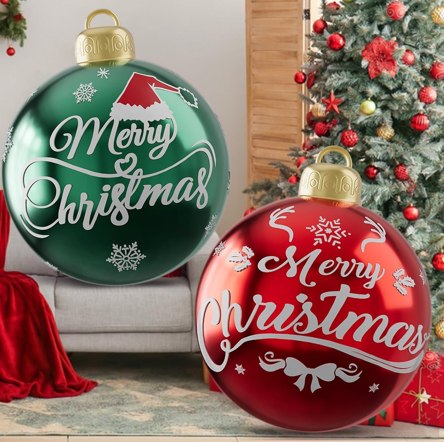 2PCS 24 Inch Inflatable Christmas Balls, PVC Large Inflatable Christmas Ornaments Blow up Ornament Ball, Blow up Ornament Xmas Decorations for Outside Holiday Yard Lawn Decor(Red Green Merrychristmas