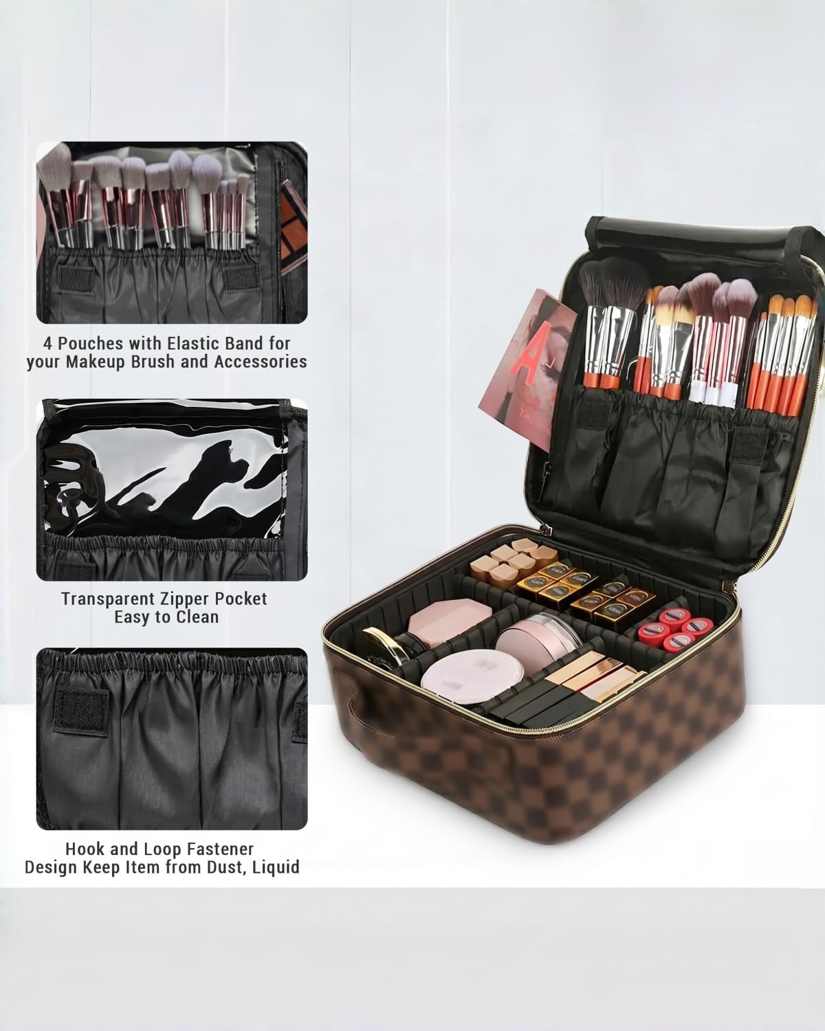 LEAFFUP Checkered Makeup Bag for Women & Men, Large Travel Cosmetic Case Organizer with Adjustable Dividers & Brush Slots, Waterproof PU Leather Toiletry Pouch for Christmas Gif