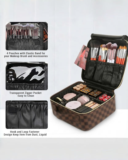LEAFFUP Checkered Makeup Bag for Women & Men, Large Travel Cosmetic Case Organizer with Adjustable Dividers & Brush Slots, Waterproof PU Leather Toiletry Pouch for Christmas Gif
