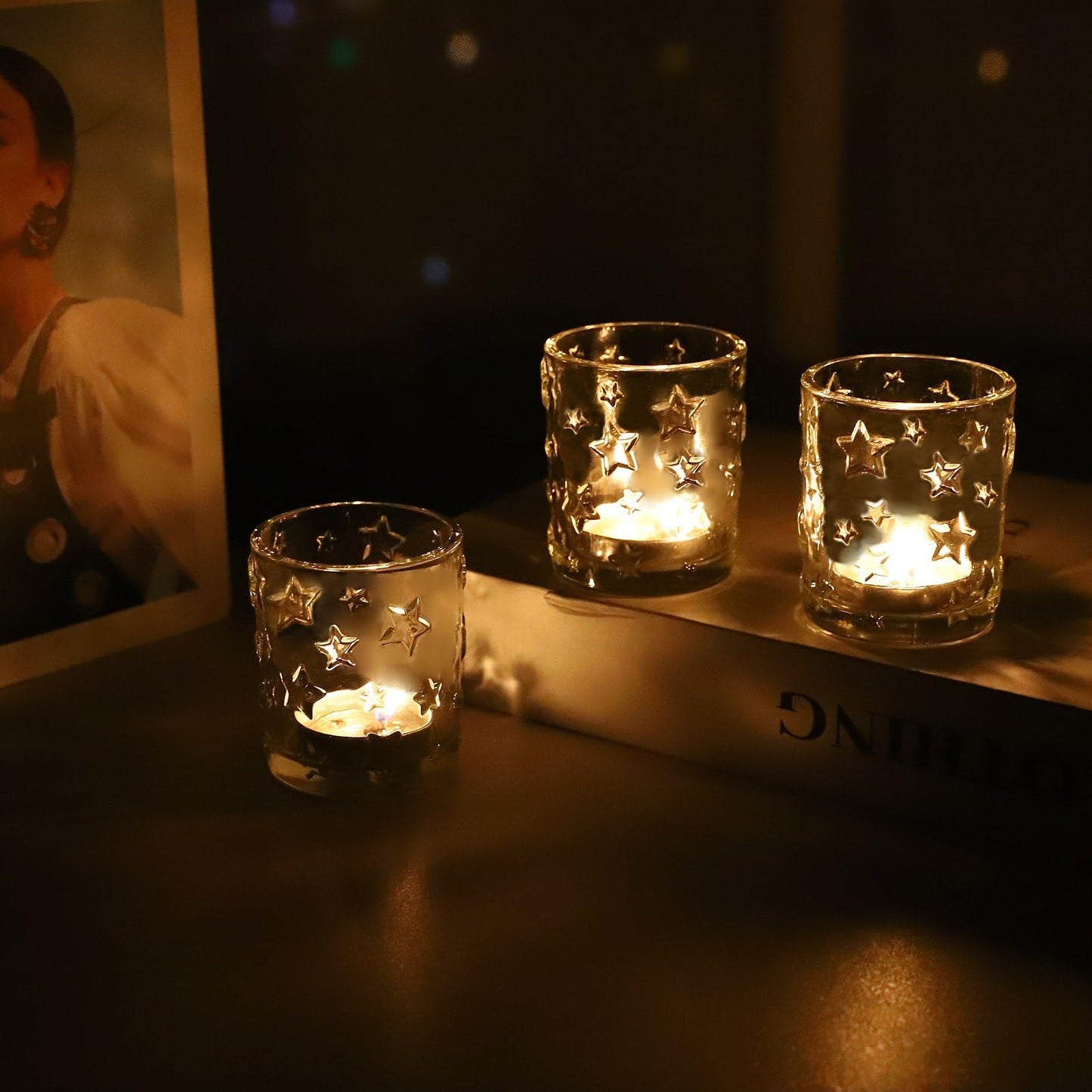 VOHO Votive Candle Holders Bulk Sparkle Stars Design for Centerpiece Table Decorations, Clear Tea Lights Candle Holder Set of 12 for Christmas Themed Party, Baby Shower, Wedding