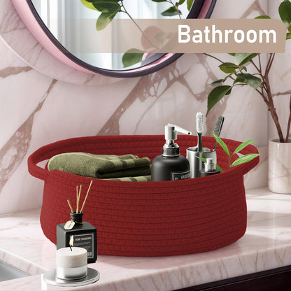 JMvicyroam Woven Basket,Small Rope Storage Bin with Handles & Ribbon Bag, Organizer for Shelves Closets,Gift Basket Empty for Birthday,Books,Dog Toys, Red
