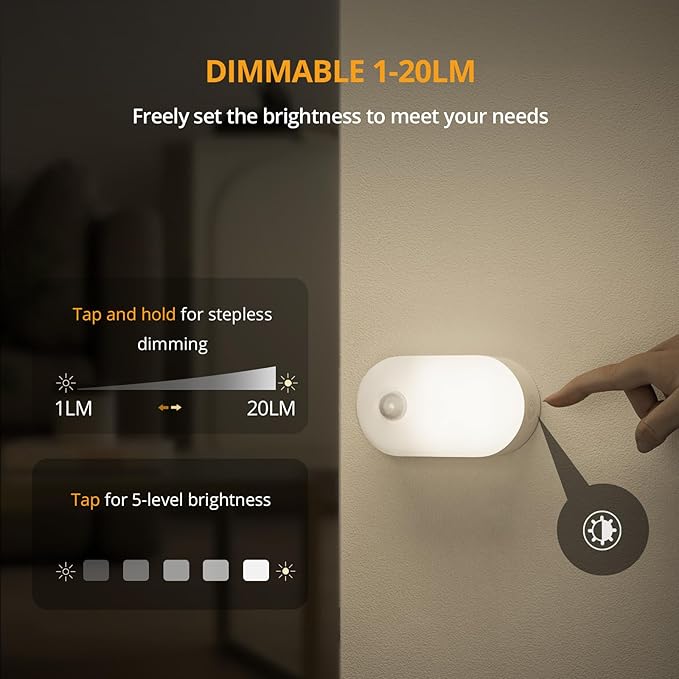 Lyridz Rechargeable Motion Sensor Night Light, Cool White LED Stick-on Closet Light with Dusk to Dawn Sensor, 1-20LM Stepless Adjustable Brightness for Bedroom, Wall, Kitchen, Stairs, Hallway, 2-Pack