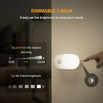 Lyridz Rechargeable Motion Sensor Night Light, Cool White LED Stick-on Closet Light with Dusk to Dawn Sensor, 1-20LM Stepless Adjustable Brightness for Bedroom, Wall, Kitchen, Stairs, Hallway, 2-Pack