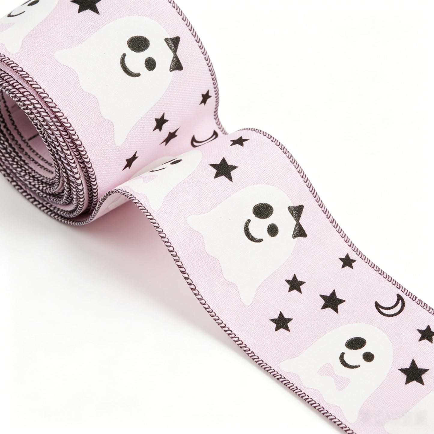 Meseey Pink Ghost Wired Ribbon 2.5 Inch x 20 Yards, Cute Spooky White Ghost Star Moon Linen Wired Edge Ribbon for Halloween Wreath, Gift Wrapping, Fall Birthday Party DIY Craft Decor