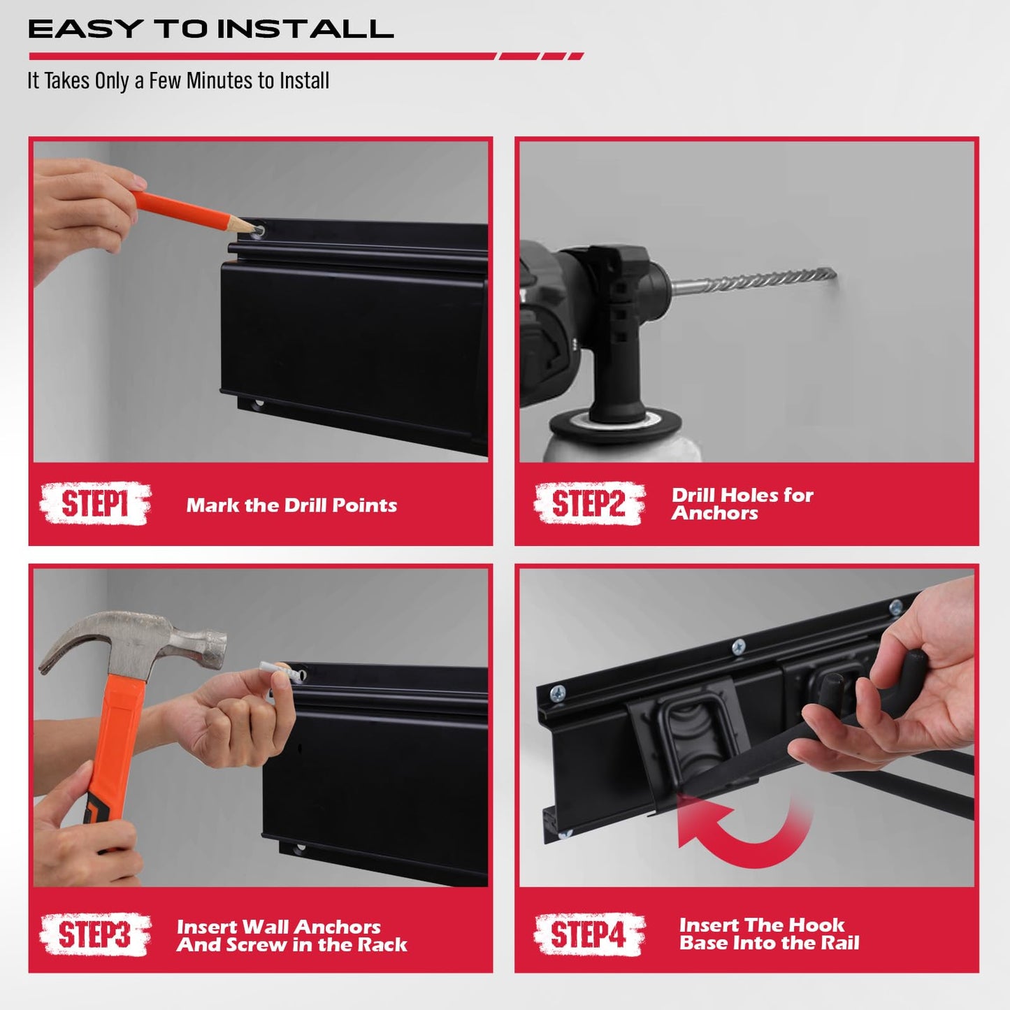 64" Heavy Duty Garage Storage Tool Organizer Wall Mount - Tool Rack with Adjustable Hooks, Anti-Rust, 300lbs Capacity - Easy Installation (4 Racks, 10 Hooks, 3 Straps)