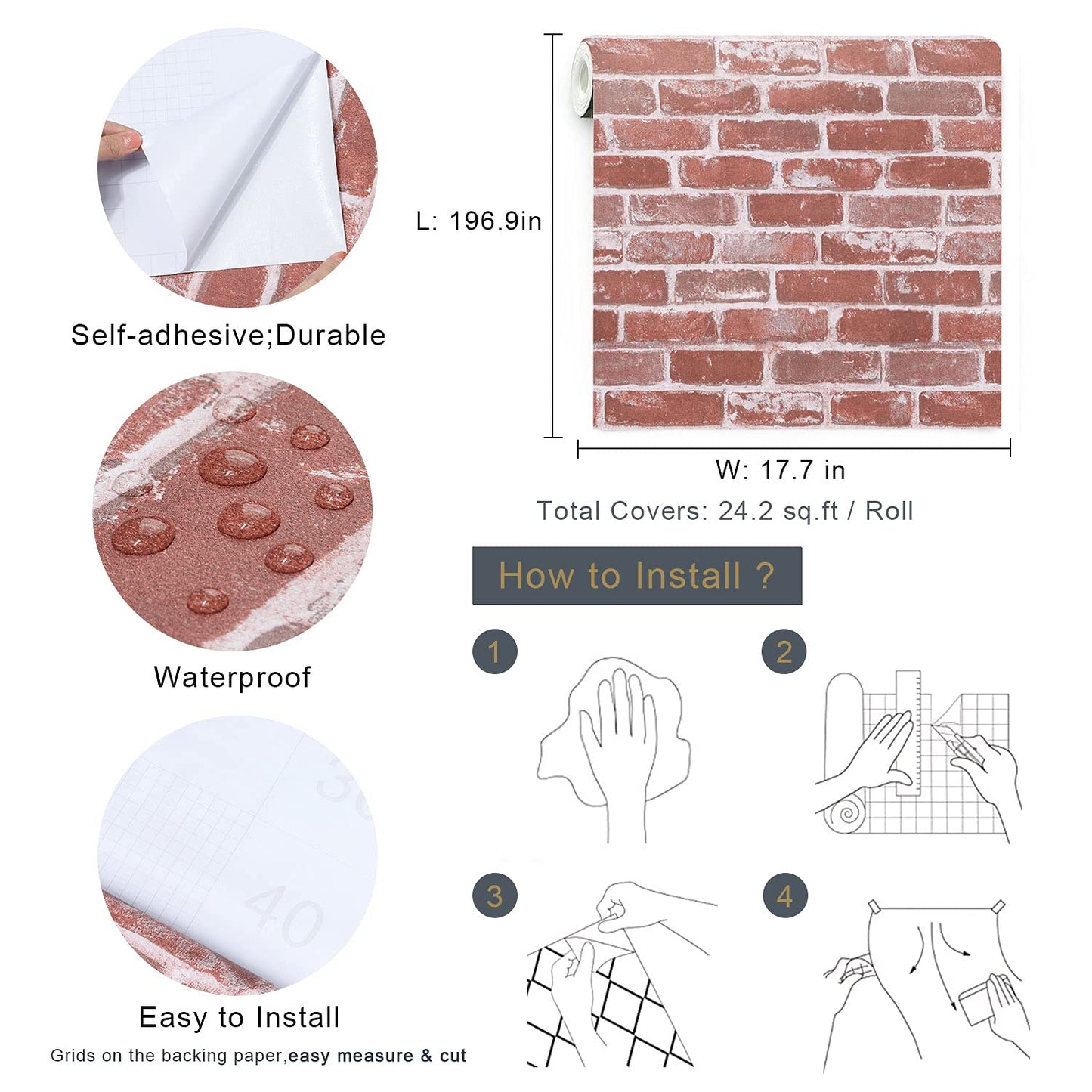 Timeet Textured 3D Brick Wallpaper Peel and Stick Wallpaper 17.7"×197" Self Adhesive Wallpaper Faux Brick Wallpaper Removable Wall Paper Home Living Room Halloween Christmas Decor DIY Red