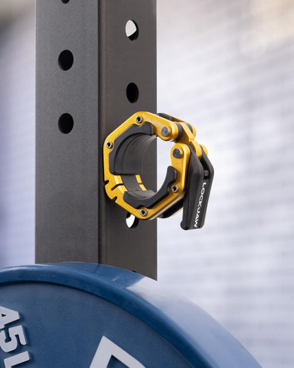 Lock-Jaw Flex Barbell Collars Olympic Barbell Clamps w/Magnet 2 Pcs – Heavy Duty Bar Clamps for 2” & 50mm Olympic Bars – Secure Weight Bar Clamps for Strength Training & Home Gym Accessories – Gold