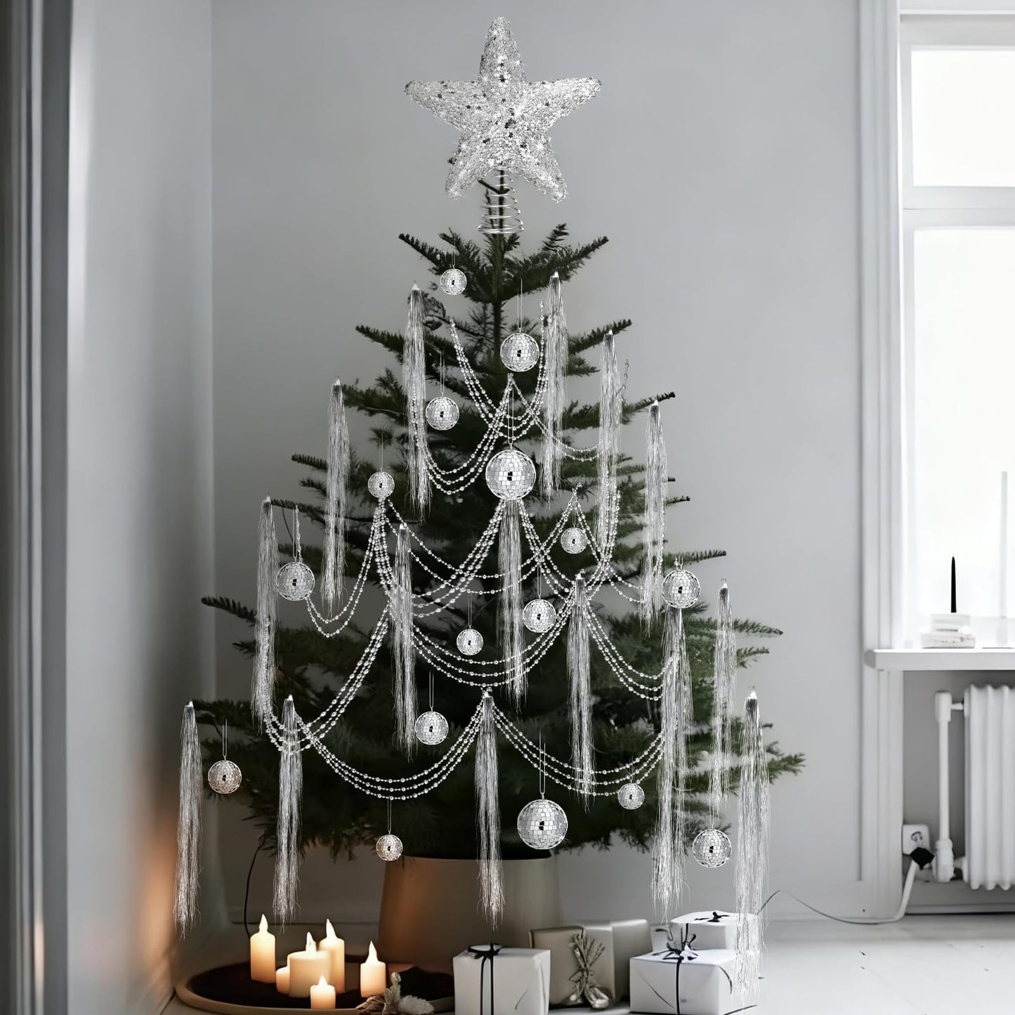 Thyle 10022 Pcs Disco Christmas Decor 20 Mirror Disco Balls 10000 Silver Tinsel Icicle Strands Glittered Star Tree Topper Ornaments 10 Meter Beaded for Christmas Party Supplies