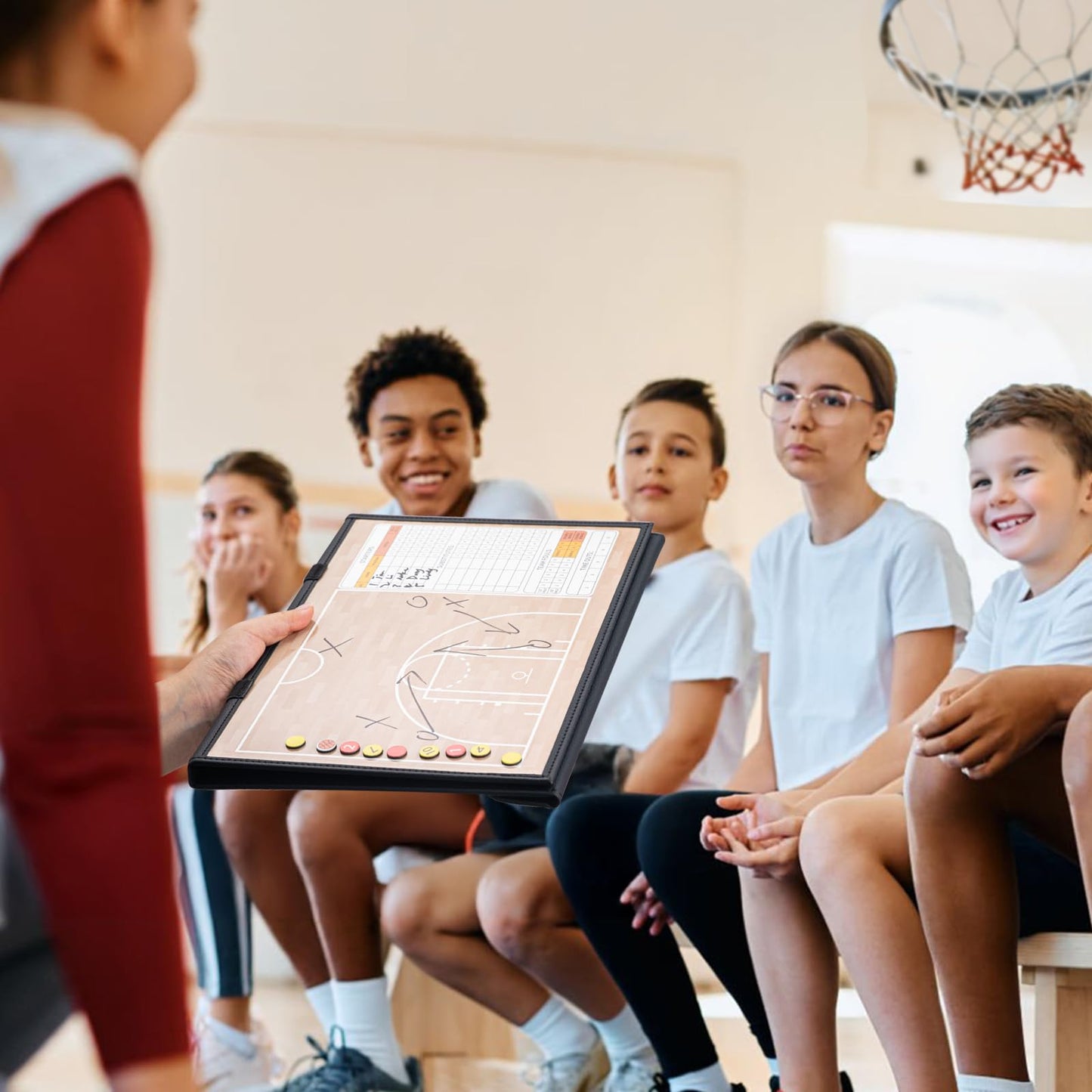 WISYOK Leather Covered Magnetic Basketball Lineup Board, Foldable and Portable Clipboard for Coaches with 48 Cards, 2 Markers, 4 Hooks and 1 Organizer Bag