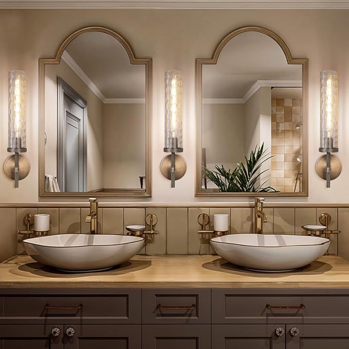 Brass Sconces Wall Lighting 19.48" with Rippled Glass Shade, Solid Knurled Brass Wall Sconces, Vintage Industrial Sconce Lamps for Bedroom Bathroom Entryway & Staircase Mirror Decor(Including Bulb)