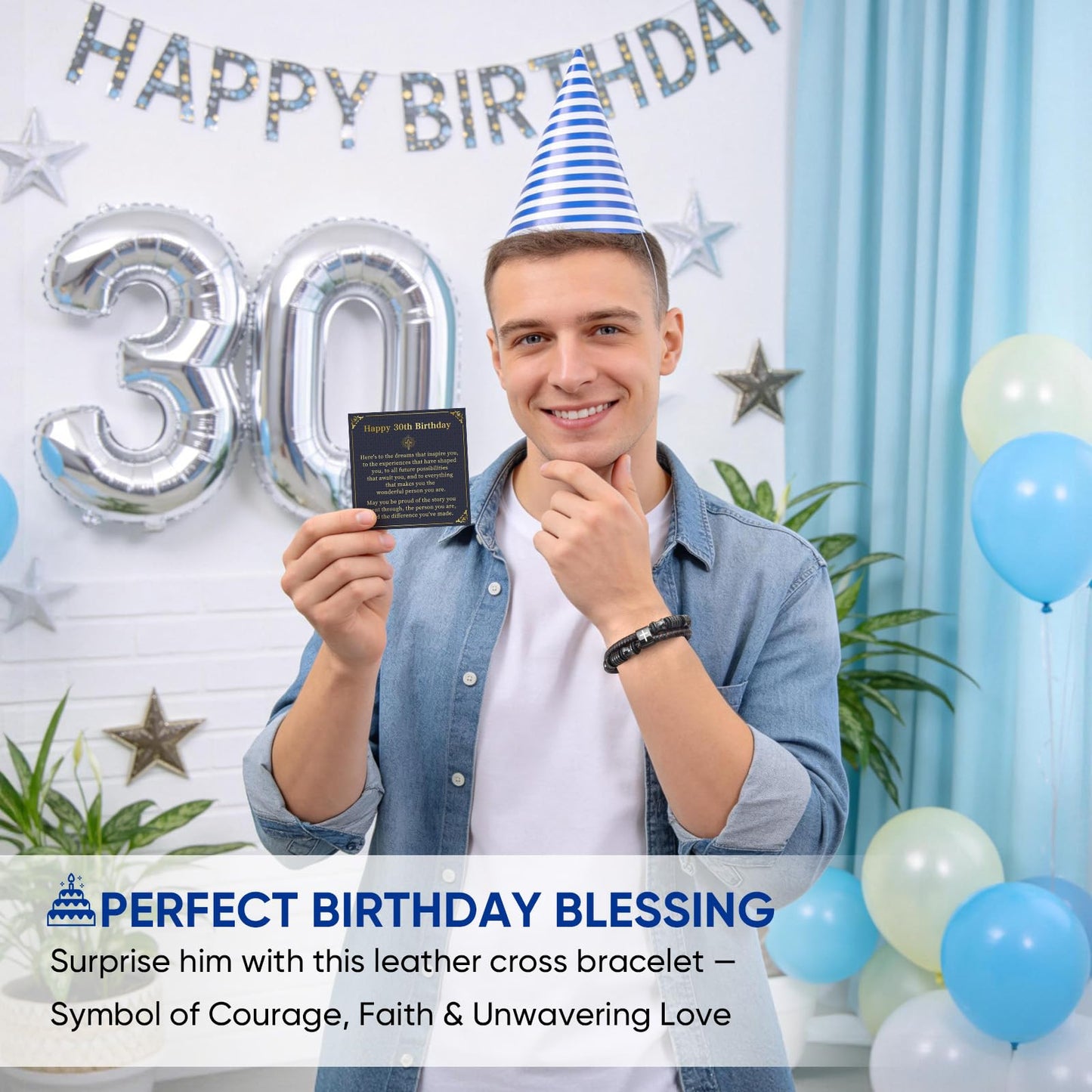 30th Birthday Cross Bracelets Gifts for Men - Adjustable Double-Row Braided Leather Bracelet Faith Religious Catholic Christian Easter Jewelry Gift Happy Birthday Bracelet for Papa Grandpa Brother