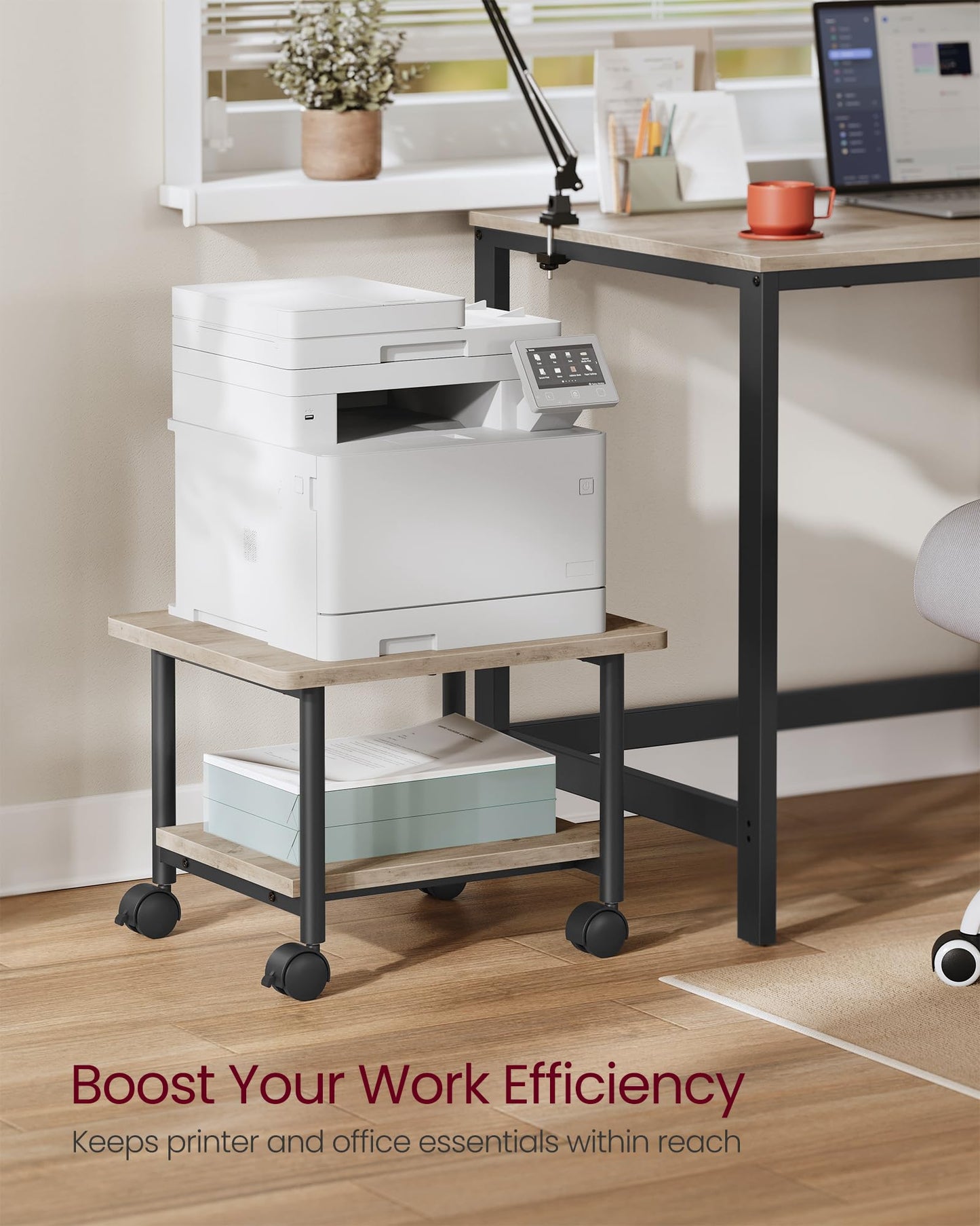 VASAGLE Heavy-Duty Printer Stand with Locking Wheels, 2-Tier Industrial Mobile Cart with Storage Shelf, Under Desk Printer Table for Home, Office, 13.4" Height, Heather Greige and Black UOPS002B02