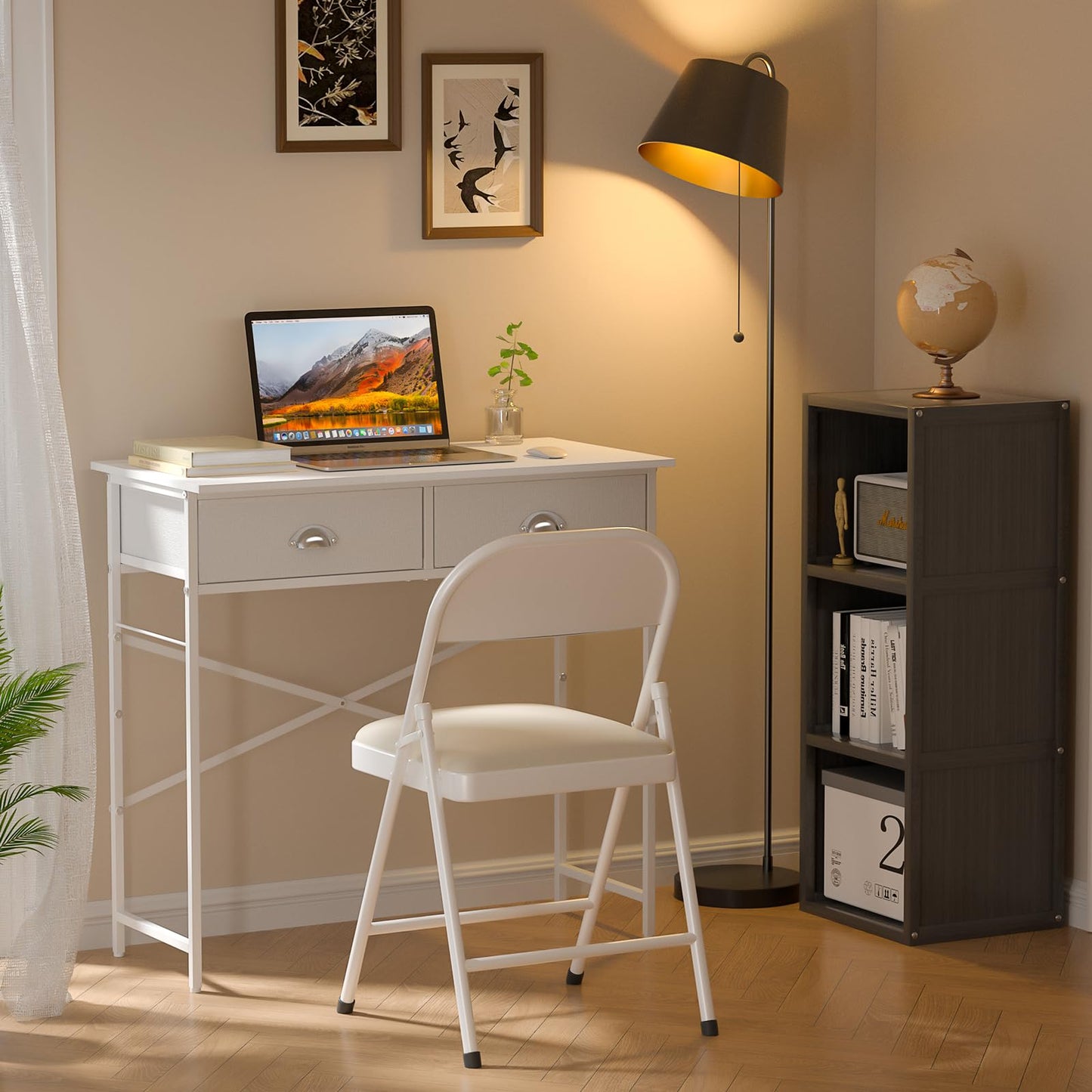 DAOUTIME Small Writing Desk for Kids Bedroom, 31.5 Inch White Computer Desk for Small Spaces, Simple Desk with 2 Fabric Drawers for Home Office, Dorm, Living Room, Home Study Table, White