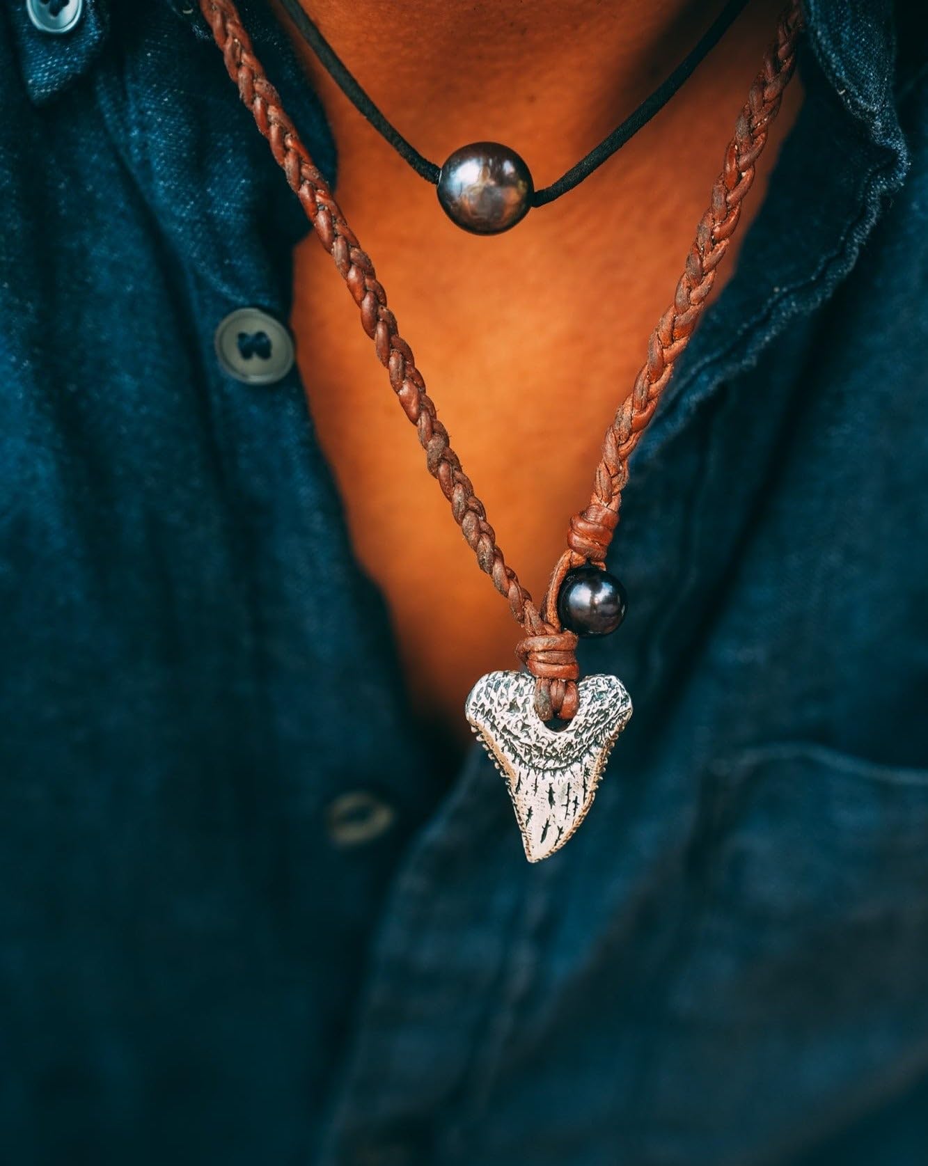 WanderTribes Shark Tooth Silver Plated Necklace Pendant Authentic Leather Cord, Adjustable Premium Pearl Pendant, Handmade Silver Jewelry, Designed Necklace for Men & Women, Jewelry Gifts