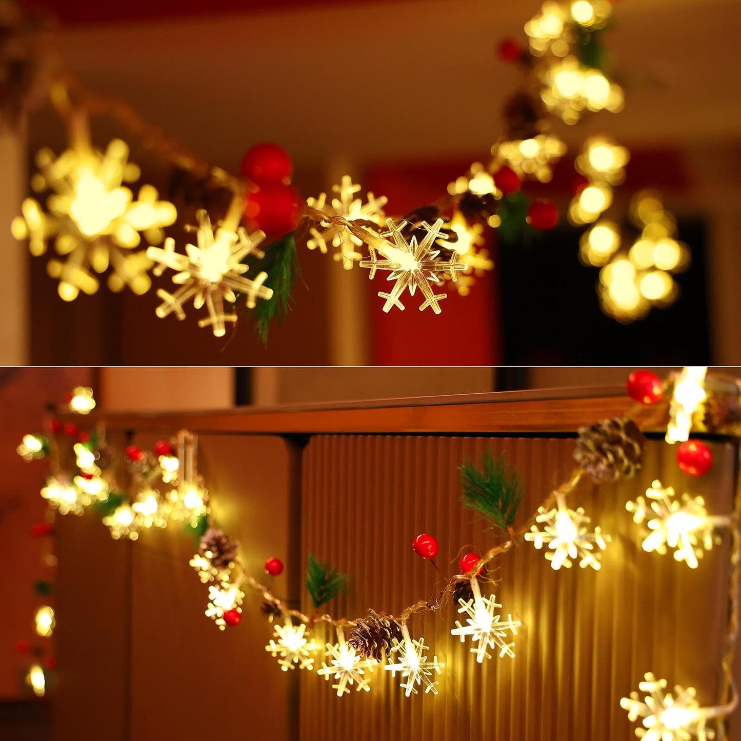 Christmas Garland with Snowflake Lights, 30 Led 10ft Battery Operated 8 Lighting Modes Timer Pine Cones Red Berry Garland Indoor Outdoor Office Decor Xmas String Light Mantle Decorations Warm White