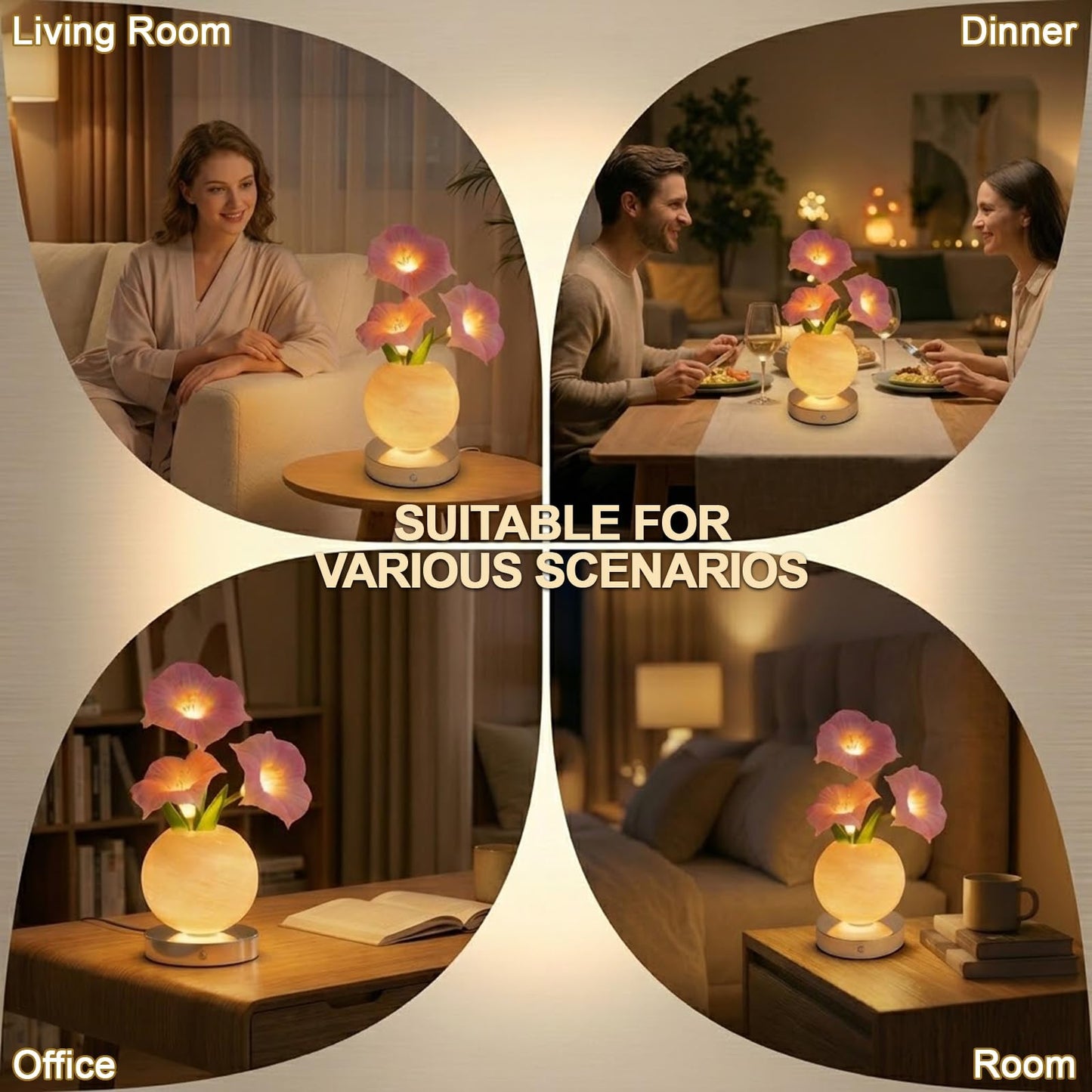 Strackvial Flower Table Lamp, Rechargeable Cordless Touch Dimming Artificial Morning Glory Flower Desk Lamp, LED Flower Bedside Night Light Romantic Gifts for Girl Women Mom (Pink Morning Glory)