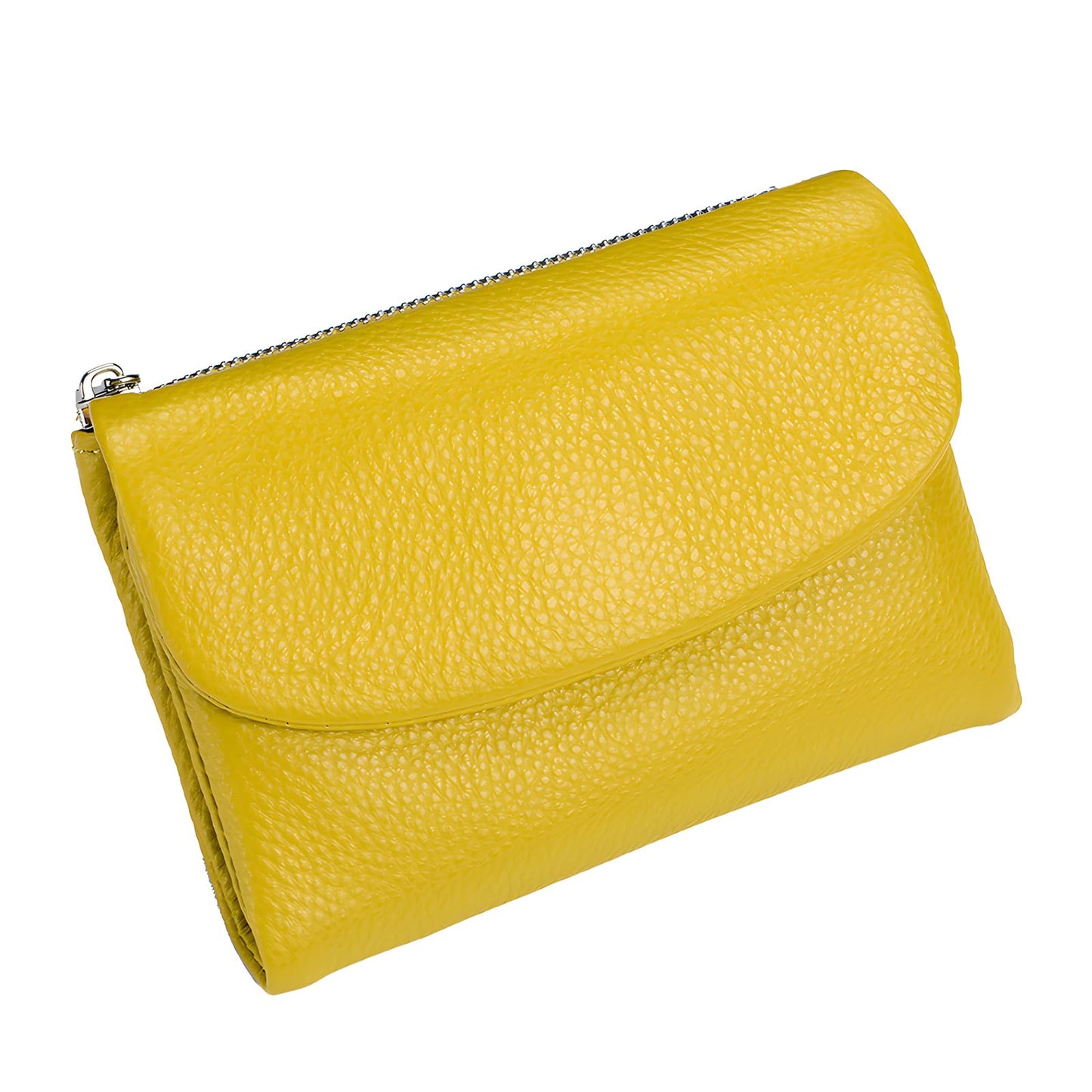 Unisex Pebble Leather Wallet, 5.3In Short Genuine Leather Coin Card Holder, Two zippered pockets, Unisex Clutch Bags, Can Hold Coins, Cards, Id Cards (Yellow)