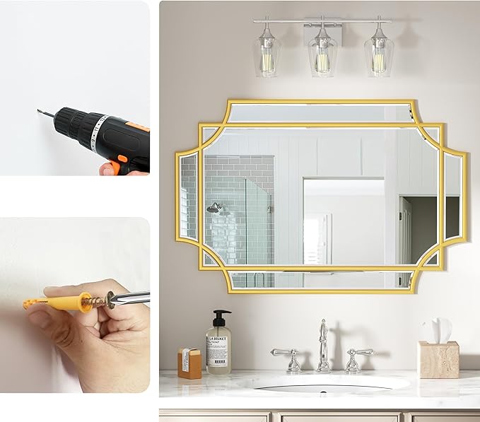 Bathroom Mirror for Wall Gold Farmhouse Wall Vanity Mirror for Over Sink Wood Framed Beveled Mirrors Deco（24 * 36IN/Gold）