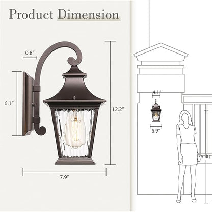 Emliviar 12.2 Inch Wall Light with Water Ripple Glass, 1-Light Outdoor Patio Light for House, Die-cast Aluminum in Oil Rubbed Bronze Finish, XE219B ORB
