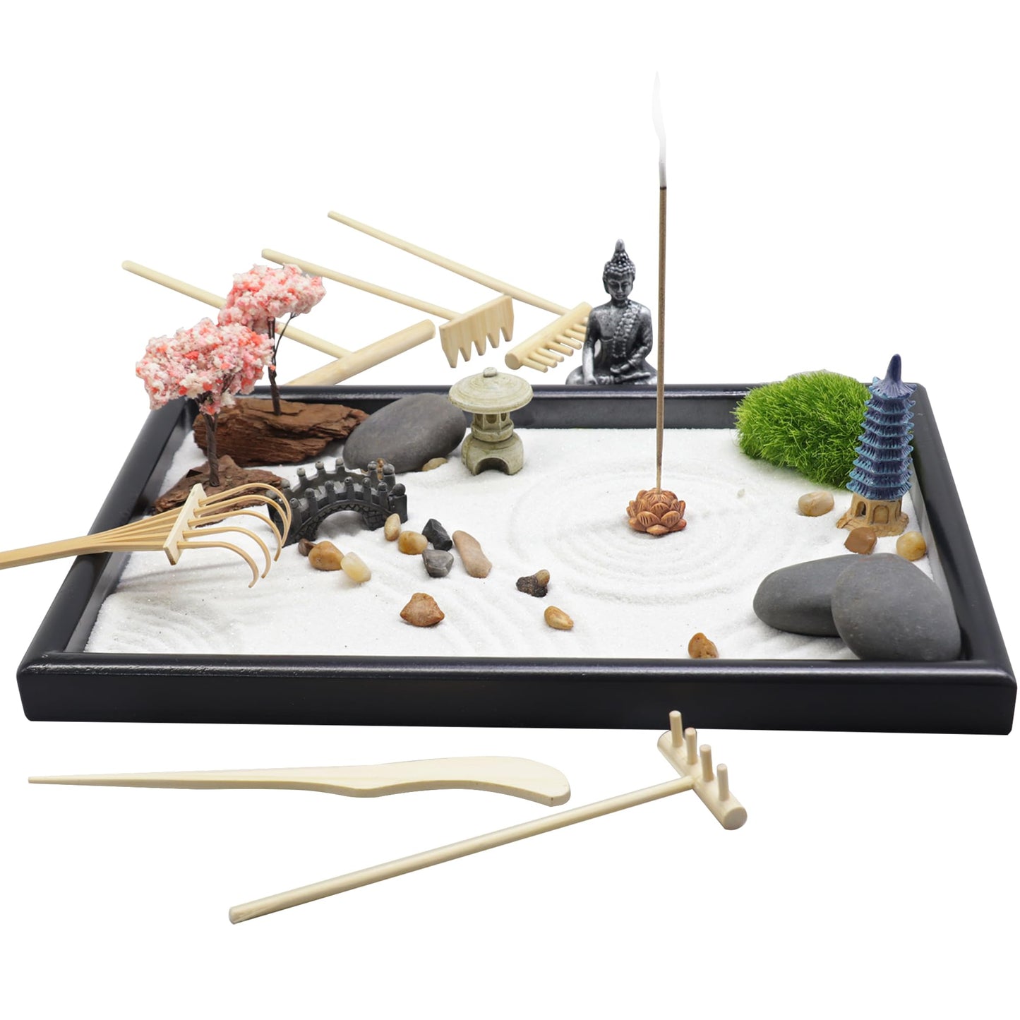 YUNGCHI Zen Garden for Desk Mini Japanese Sand Desktop Office Miniature Zen Garden Box with Kit 11.8 X 7.9 in